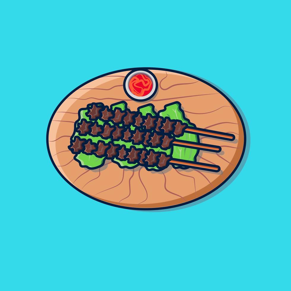 satay on lettuce with chili sauce on a wooden plate  illustration vector