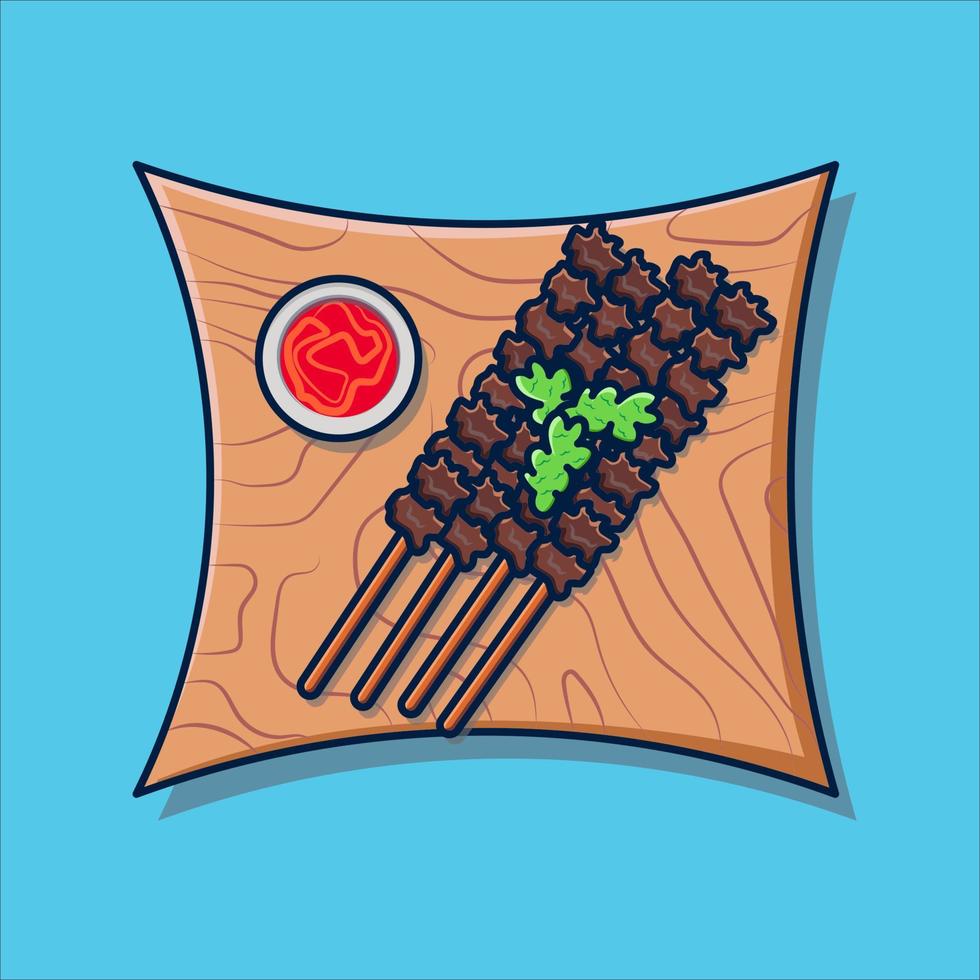 satay with chili sauce on a wooden plate illustration and vector