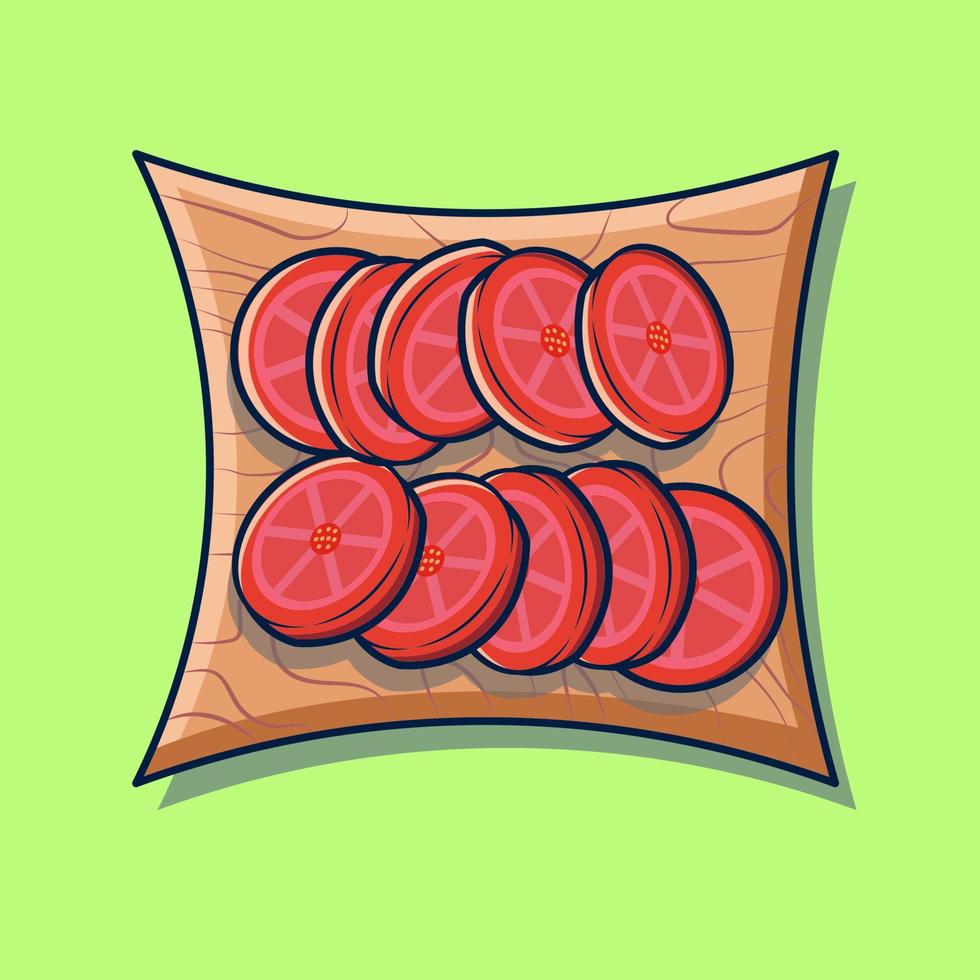 ilustración de rodajas de tomate rojo en un plato de madera vector