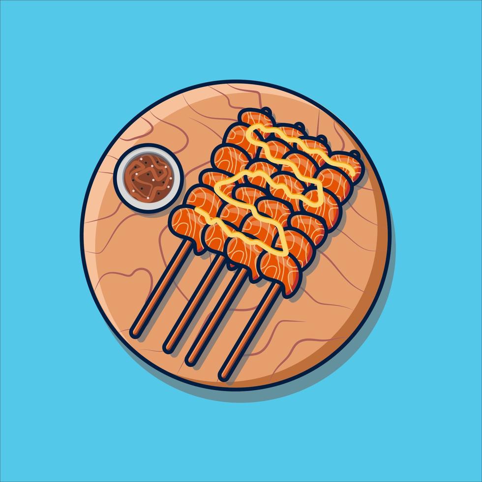 Satay de salmón delicioso y fresco con mayonesa ilustración vectorial vector