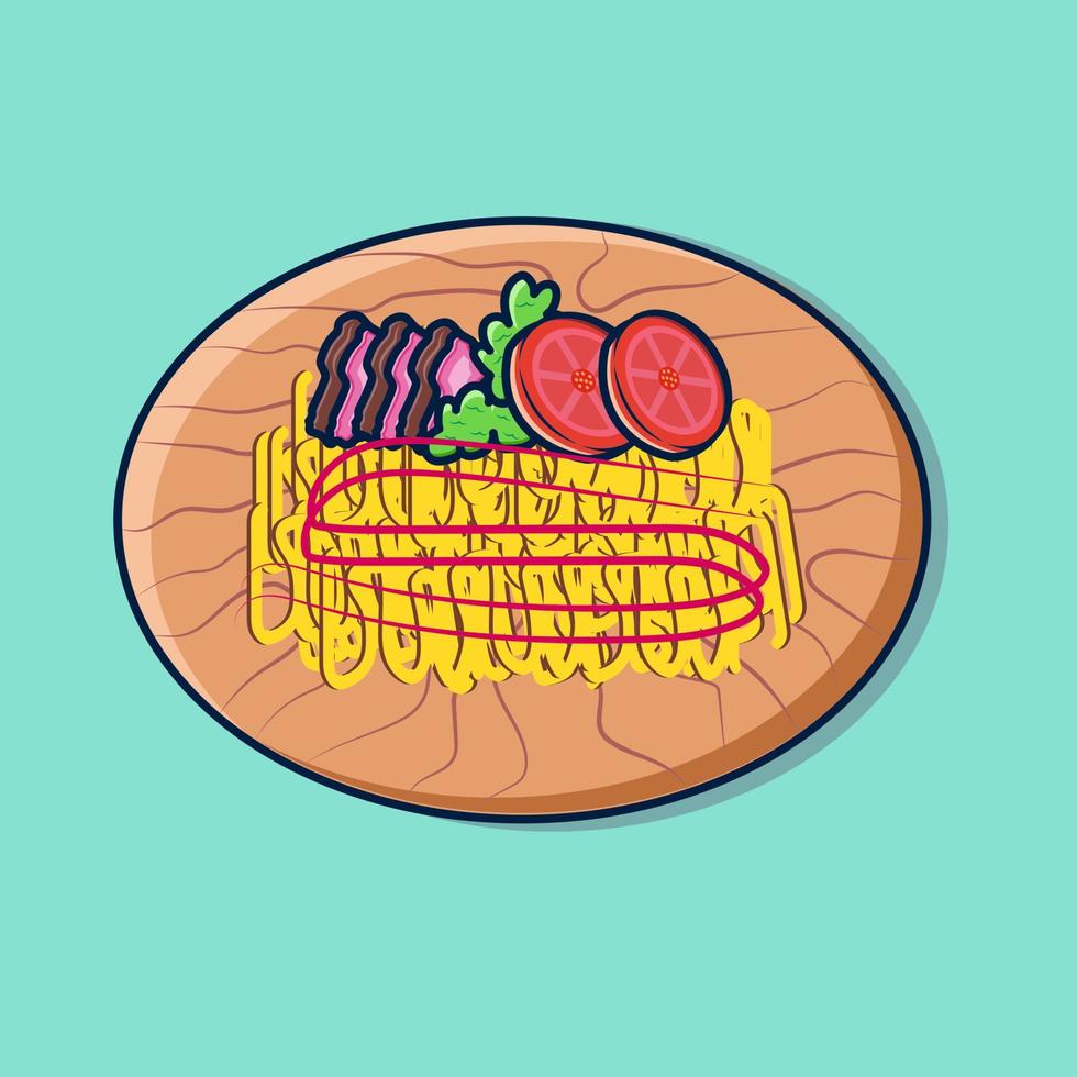 fideos con rodajas de tomate y carne deliciosa con ilustración vectorial de salsa mixta vector