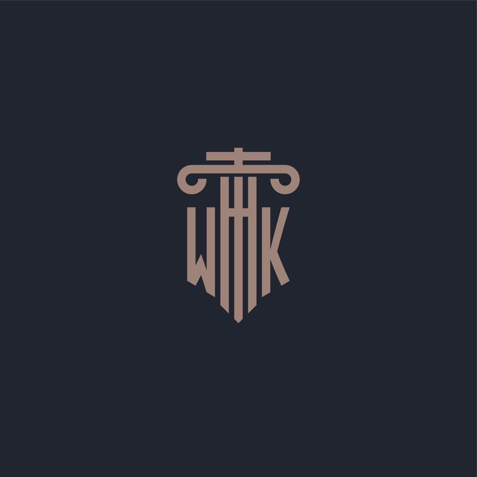 monograma de logotipo inicial wk con diseño de estilo pilar para bufete de abogados y compañía de justicia vector