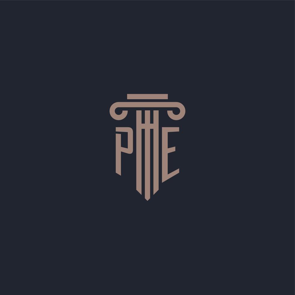 PE initial logo monogram with pillar style design for law firm and justice company vector