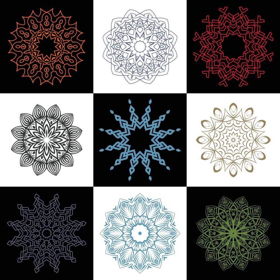 establecer patrón de ornamento redondo floral diseño de mandala ilustración vectorial para imprimir fondo negro dibujado a mano. vector