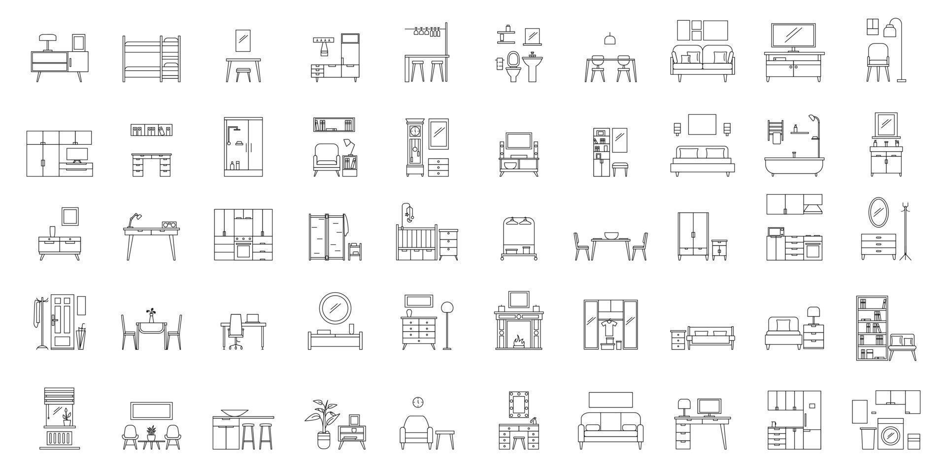 Interior room objects icons set, outline style vector