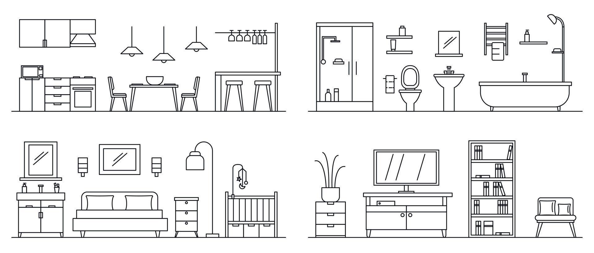 House interior banner set, outline style vector