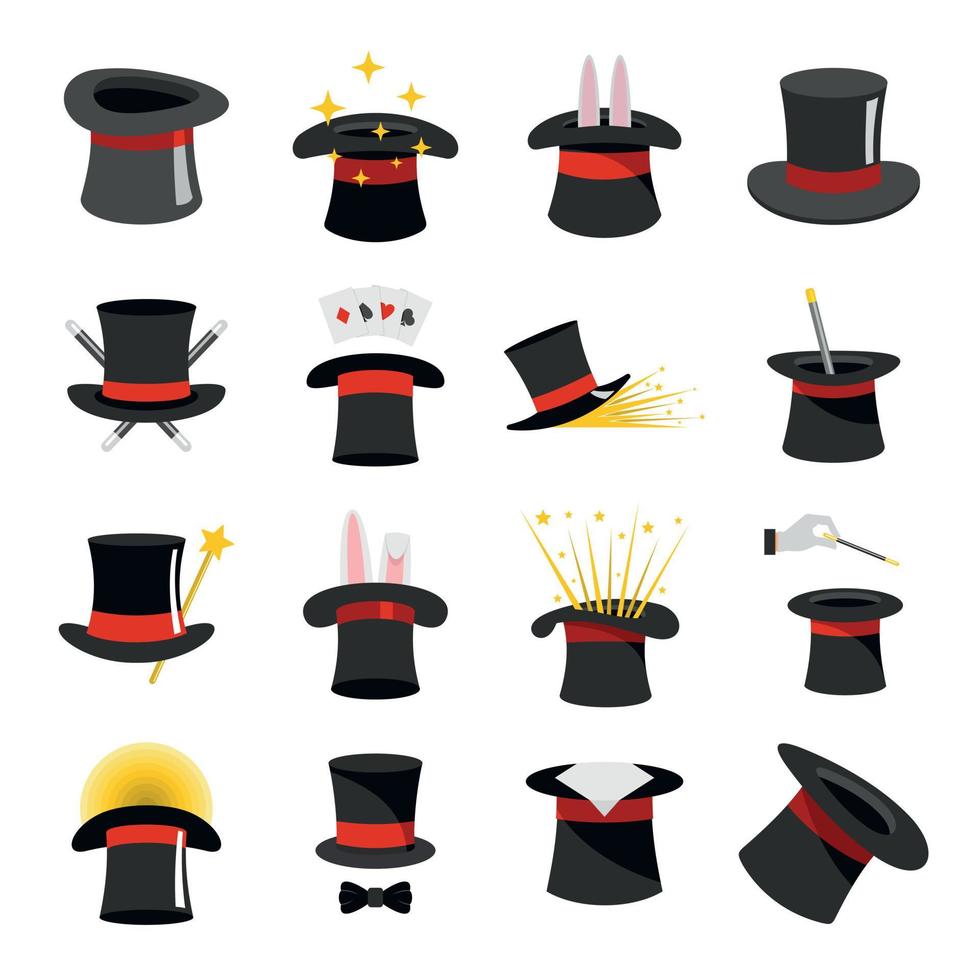 Magician hat sorcery icons set, flat style vector