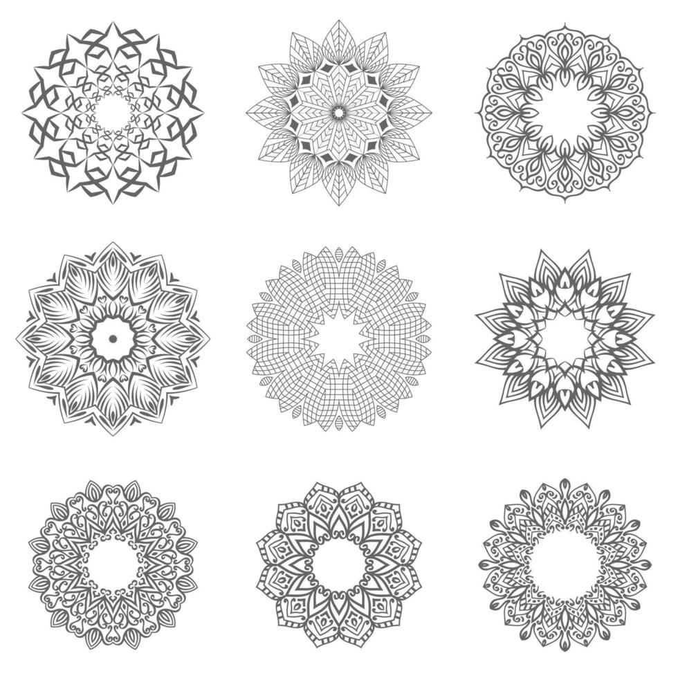 Set Floral Round ornament pattern mandala design vector illustration for print Hand drawn black background.