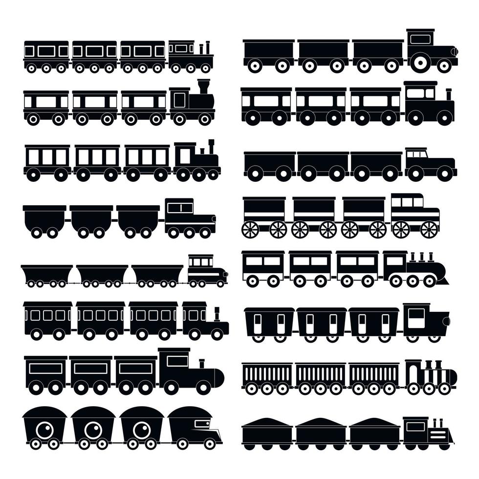 tren, juguete, niños, iconos, conjunto, simple, estilo vector