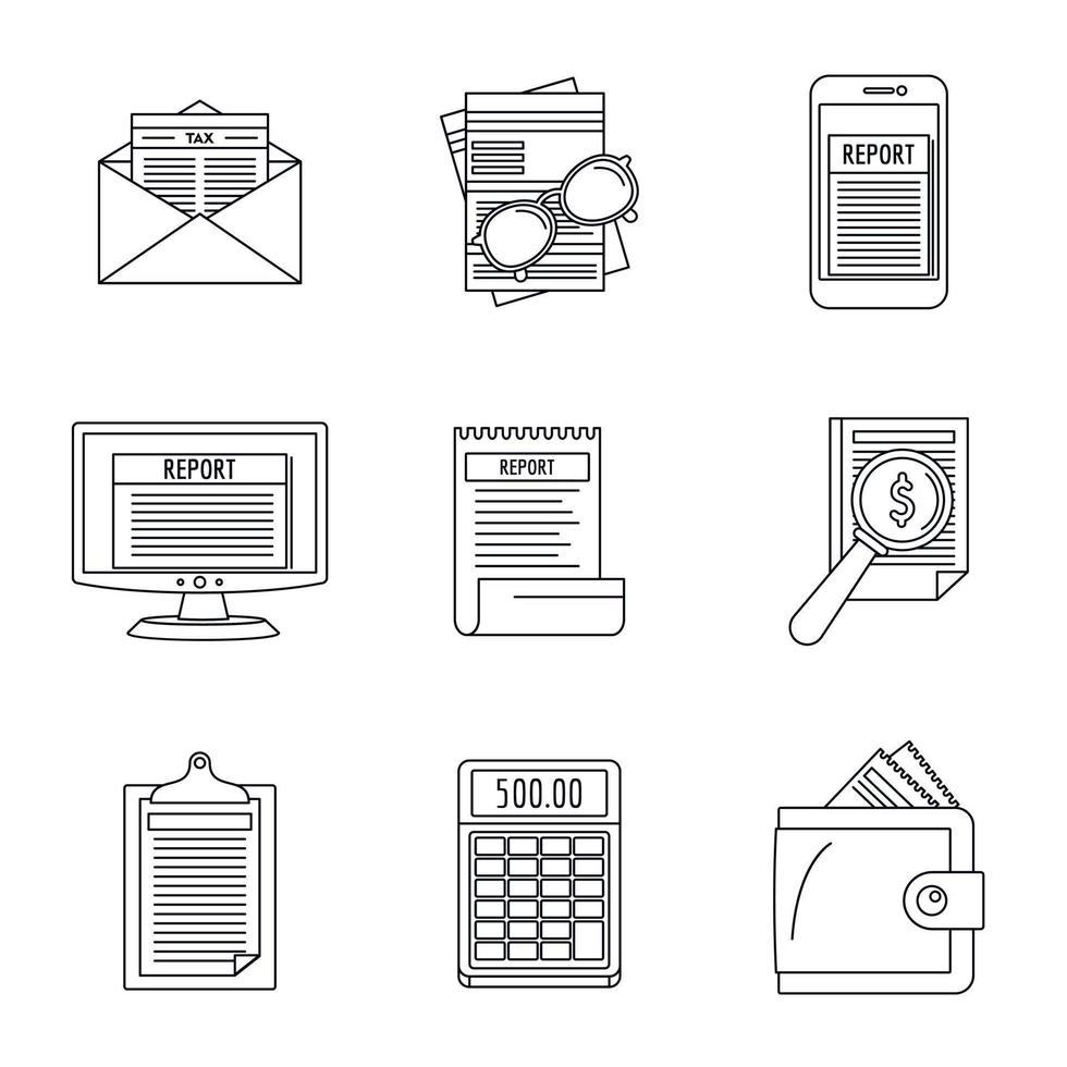 Expense report transaction icon set, outline style vector