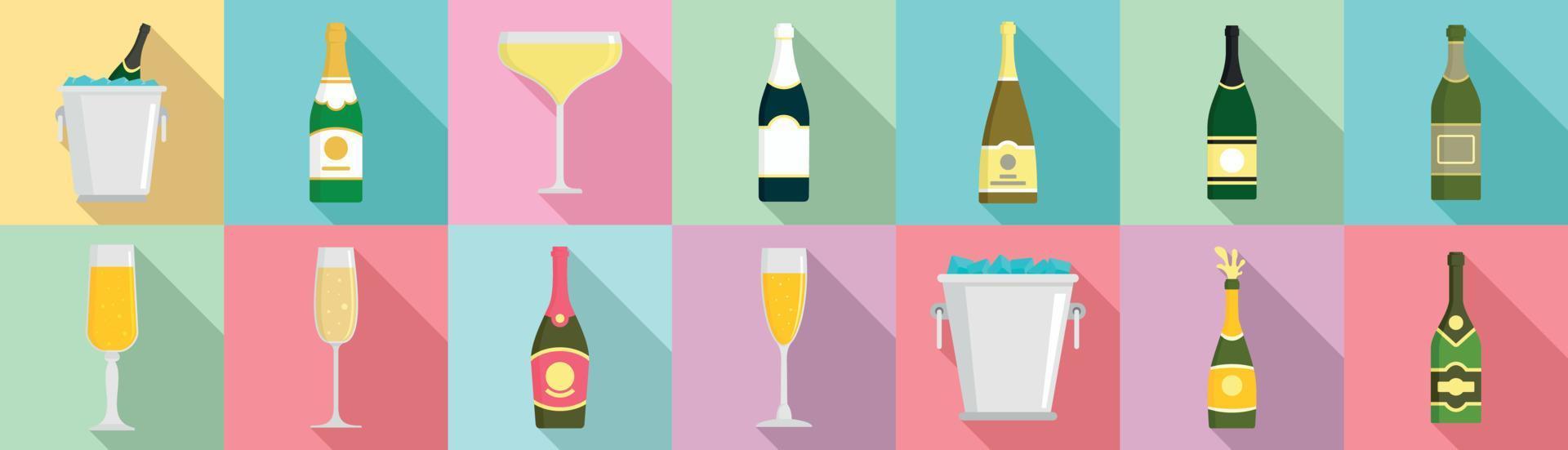 Champagne icon set, flat style vector
