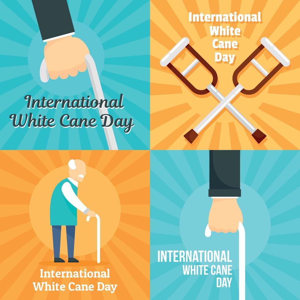 White cane safety stick banner set, flat style vector