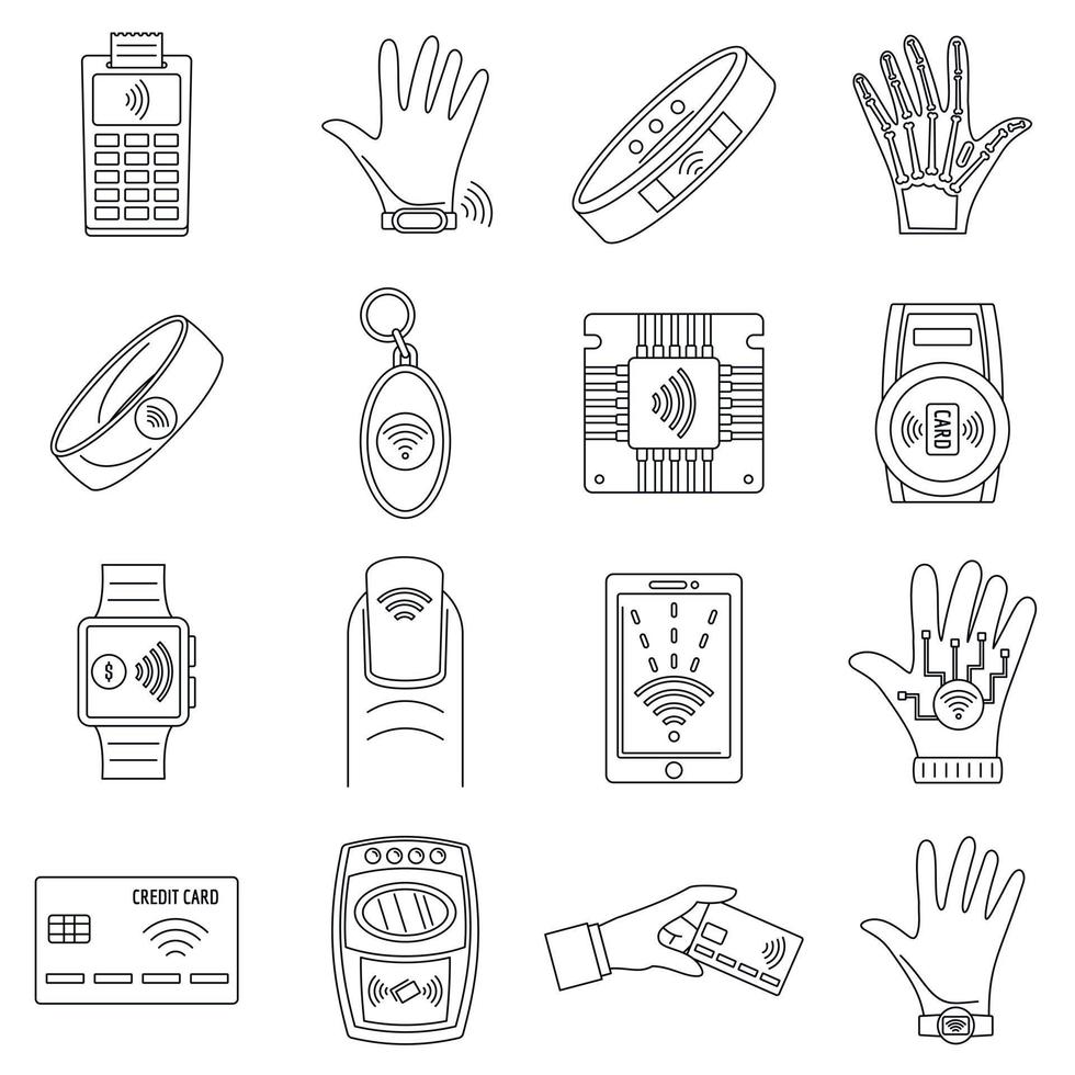 Smart nfc technology icon set, outline style vector
