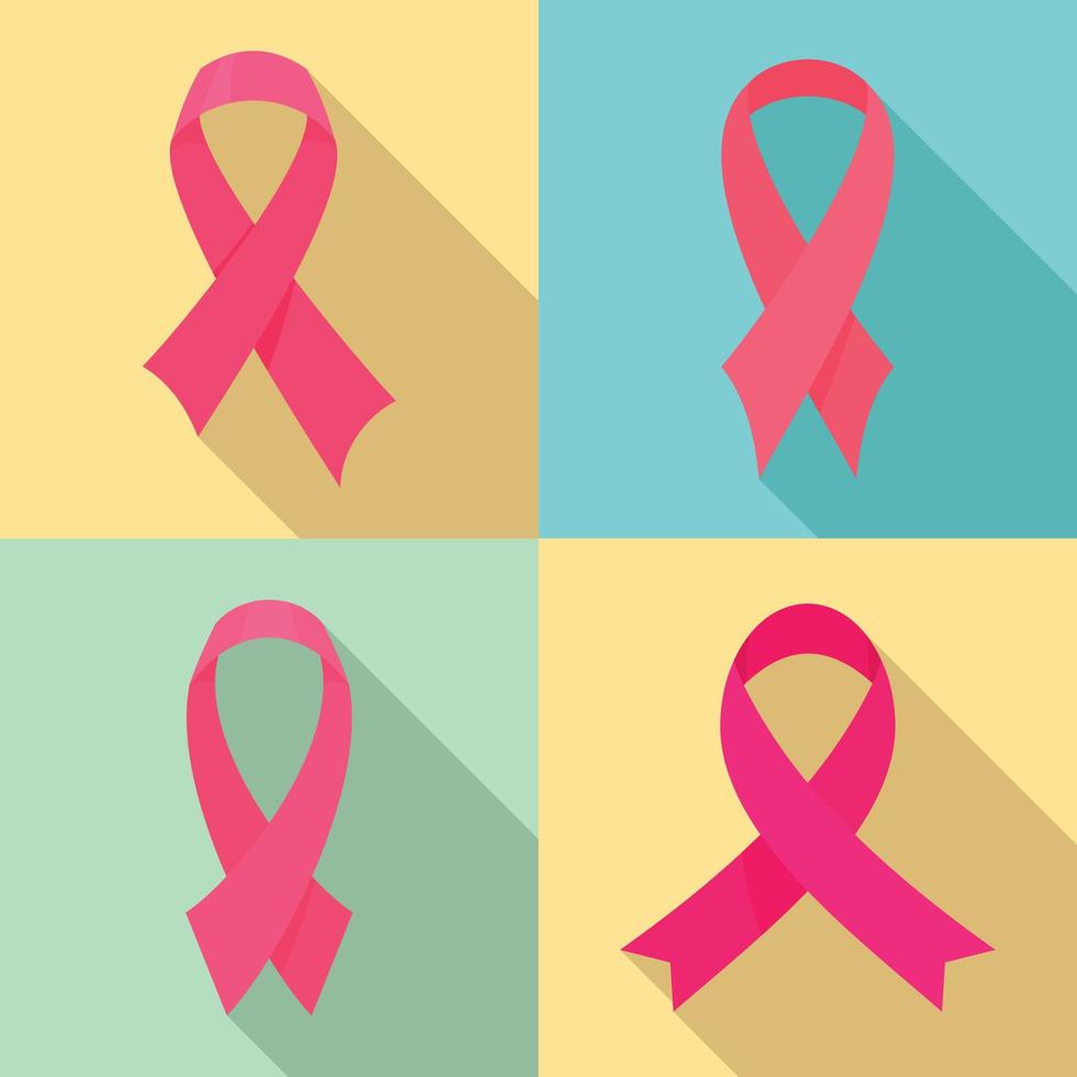 Breast cancer ribbon pink icons set, flat style vector