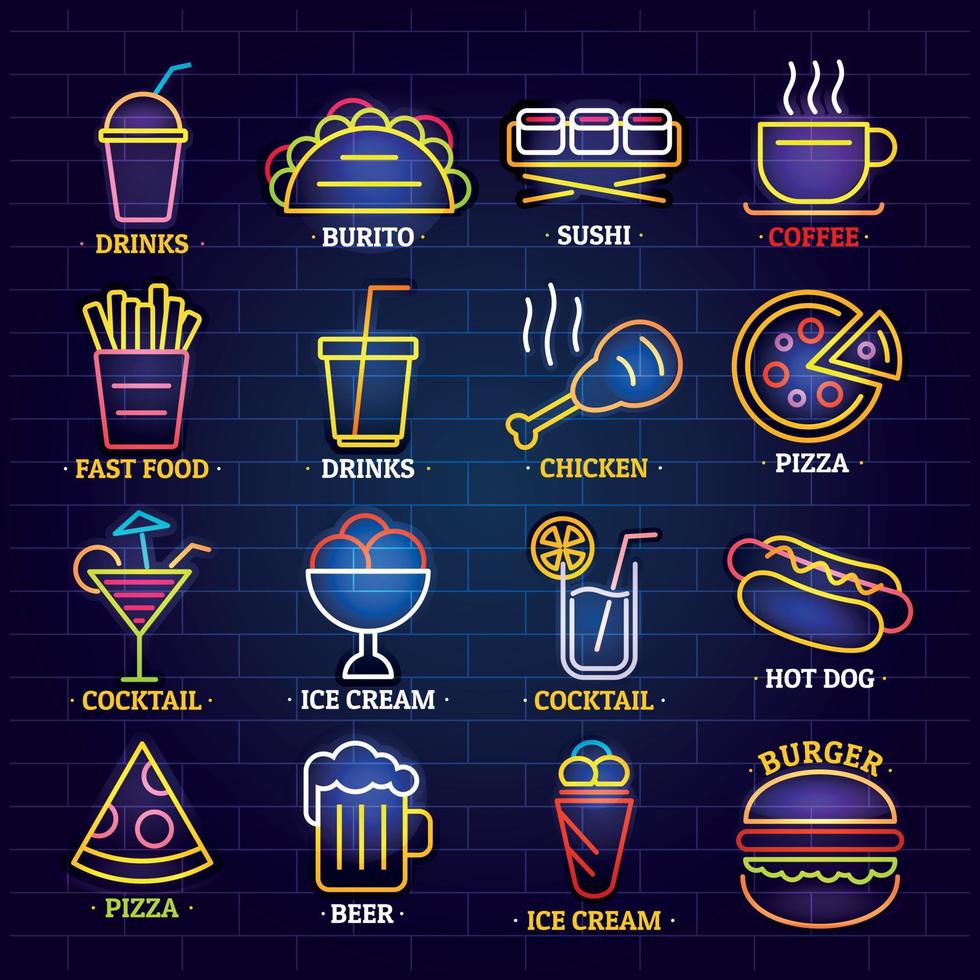 Fast food neon shop sign icons set, cartoon style vector