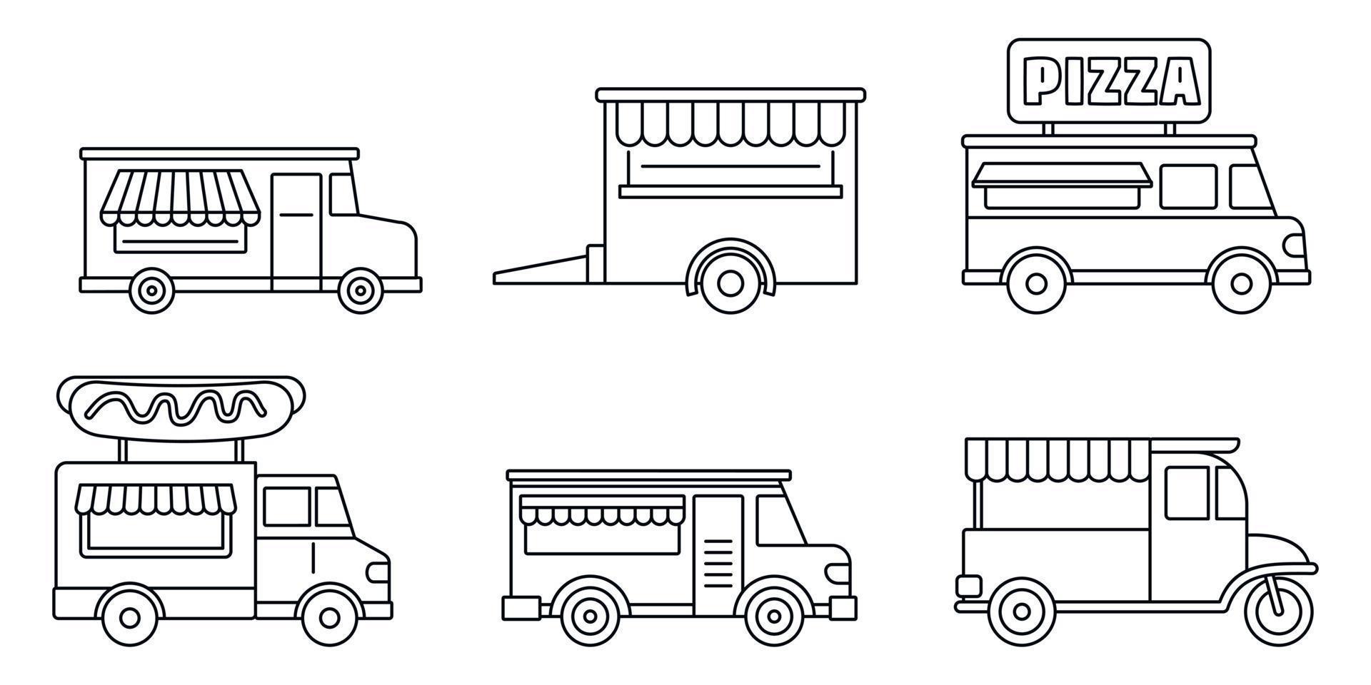 conjunto de iconos de camión de comida del festival, estilo de esquema vector