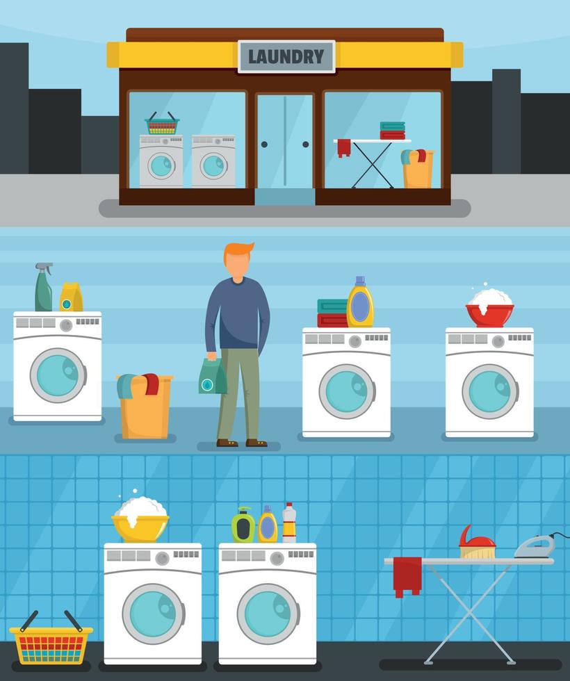 Laundry service banner concept set, flat style vector