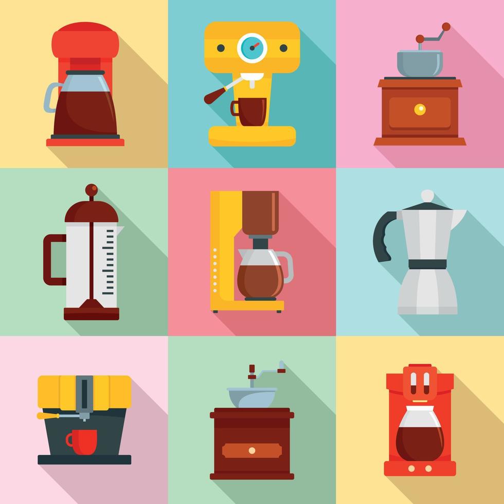 Coffee maker pot espresso icons set, flat style vector