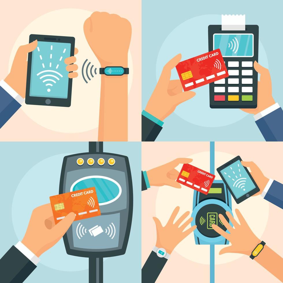 Nfc technology process banner set, flat style vector