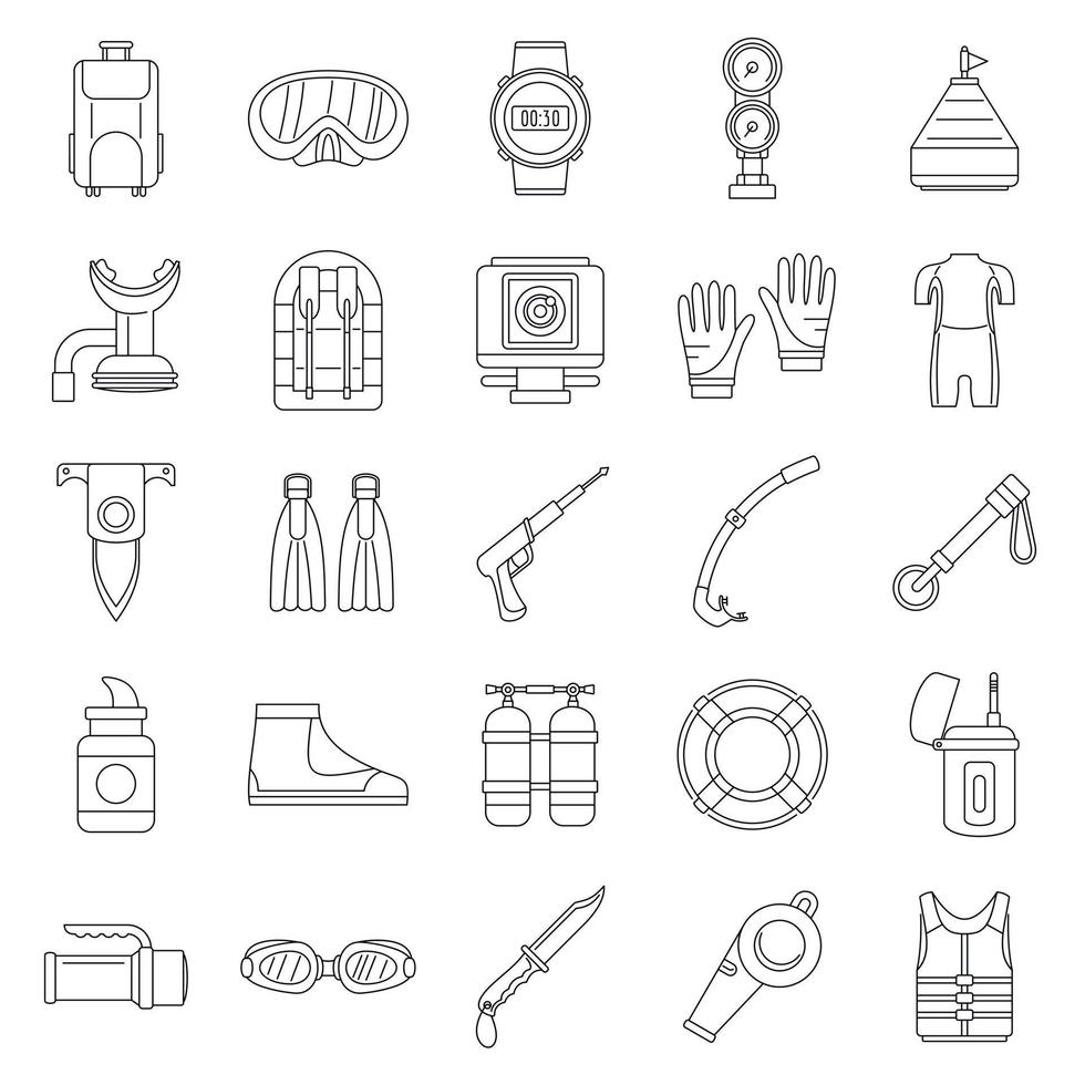 conjunto de iconos de suministros de snorkel, estilo de contorno vector