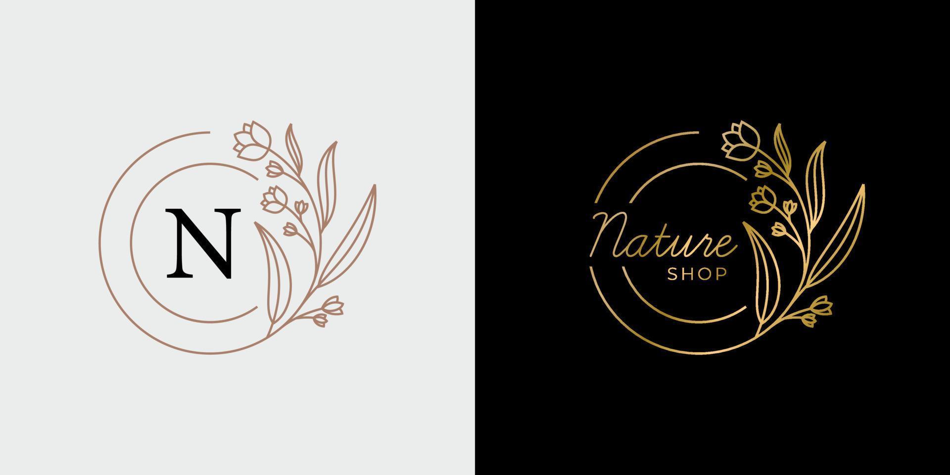 natural botanical shop with  luxury plant flower beauty for business brand, wedding, nature  shop, cosmetics, skin care vector