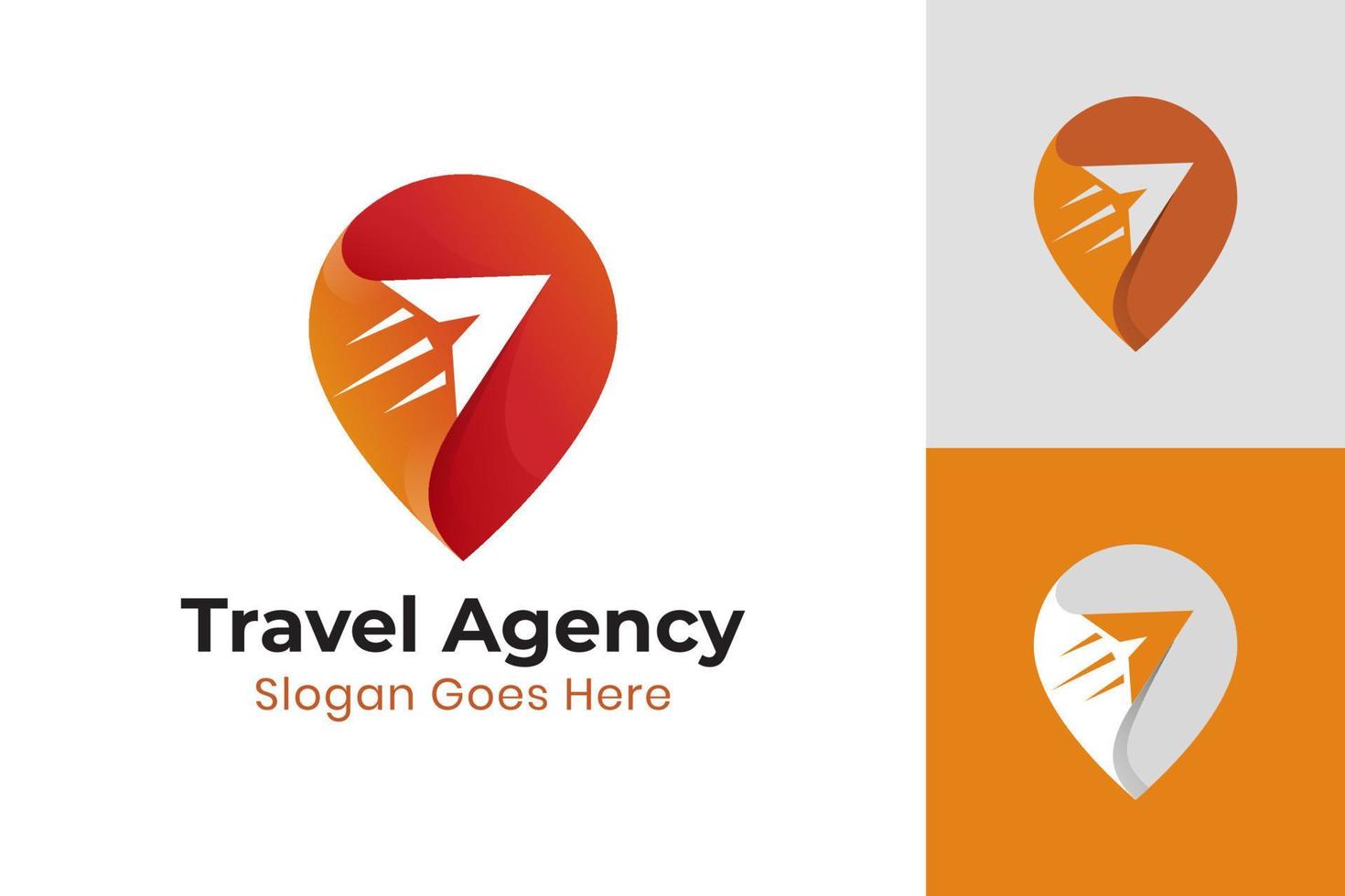 gradient color pin map sign with plane or fast arrow for travel location, agency modern logo template vector