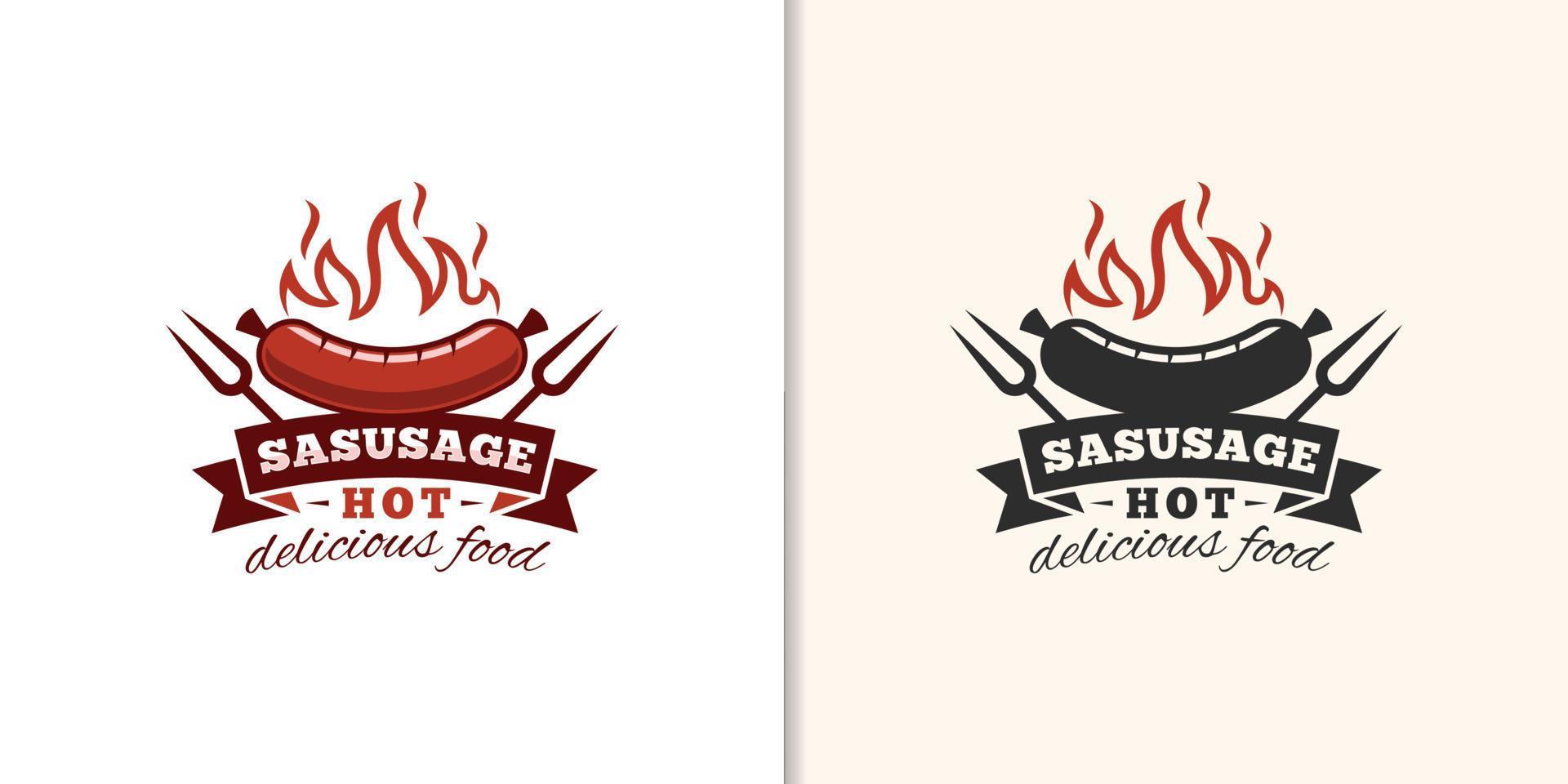 logotipo vintage retro de salchicha caliente a la parrilla, barbacoa, logotipo clásico de barbacoa con versión negra vector