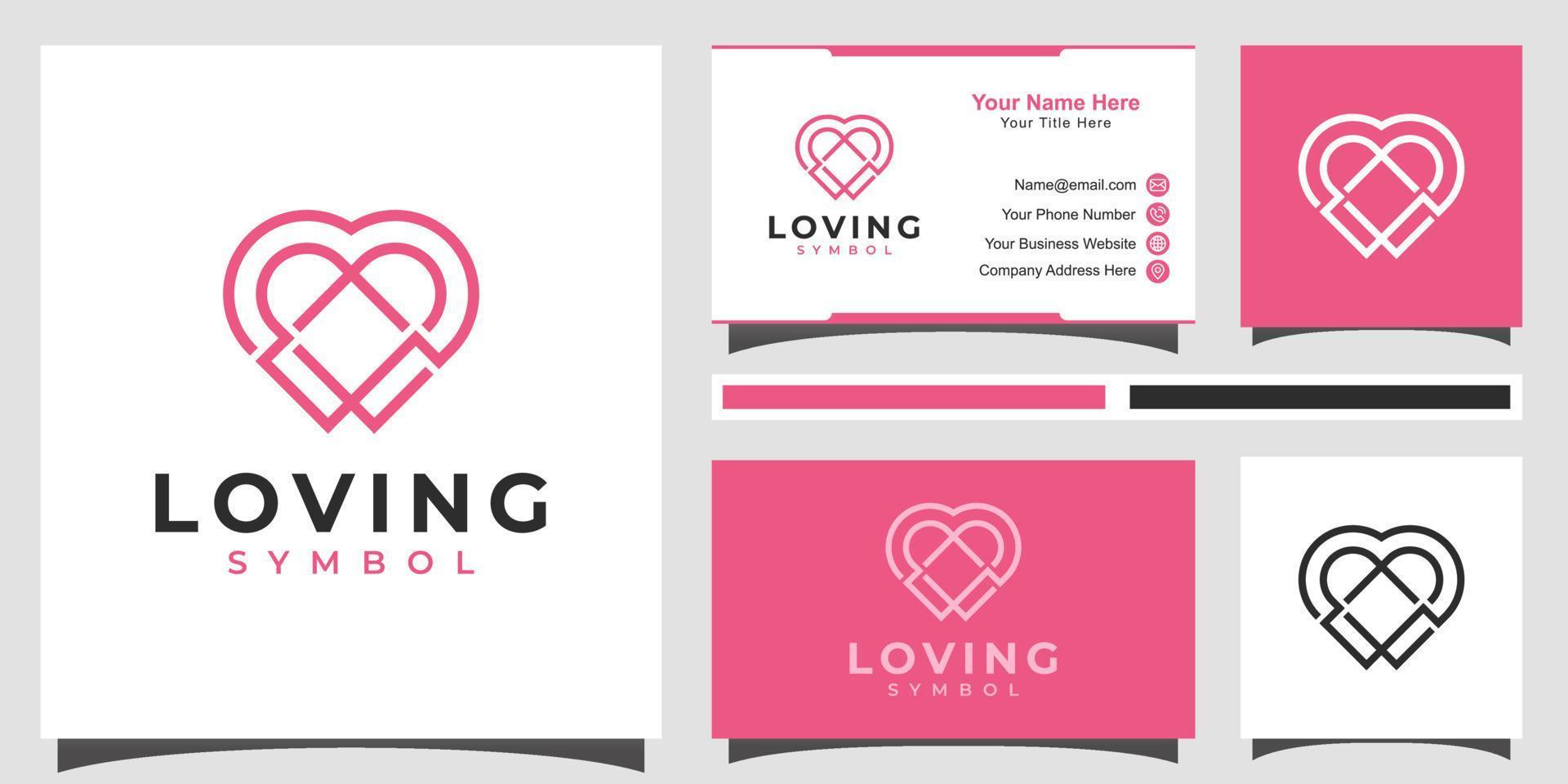 loving heart care simple line romance logo symbol with business card design vector