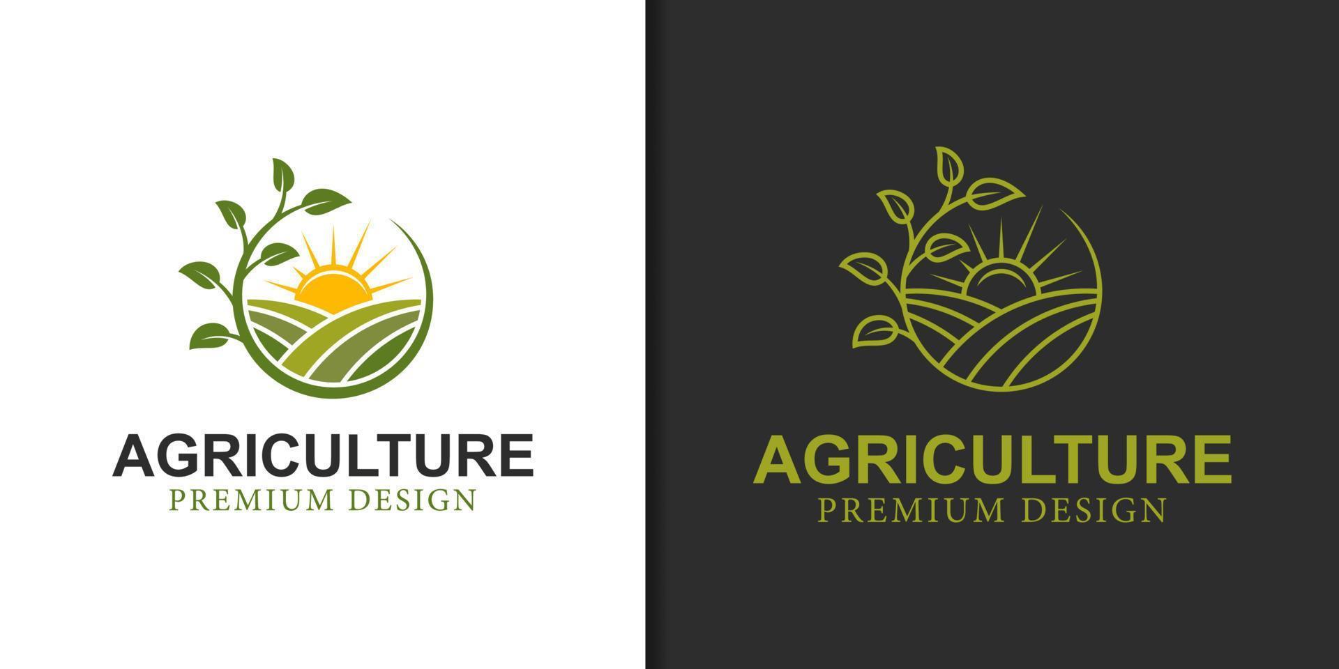 eco green farm circle plant logo. agriculture farmer garden with sun nature linear logo design vector template