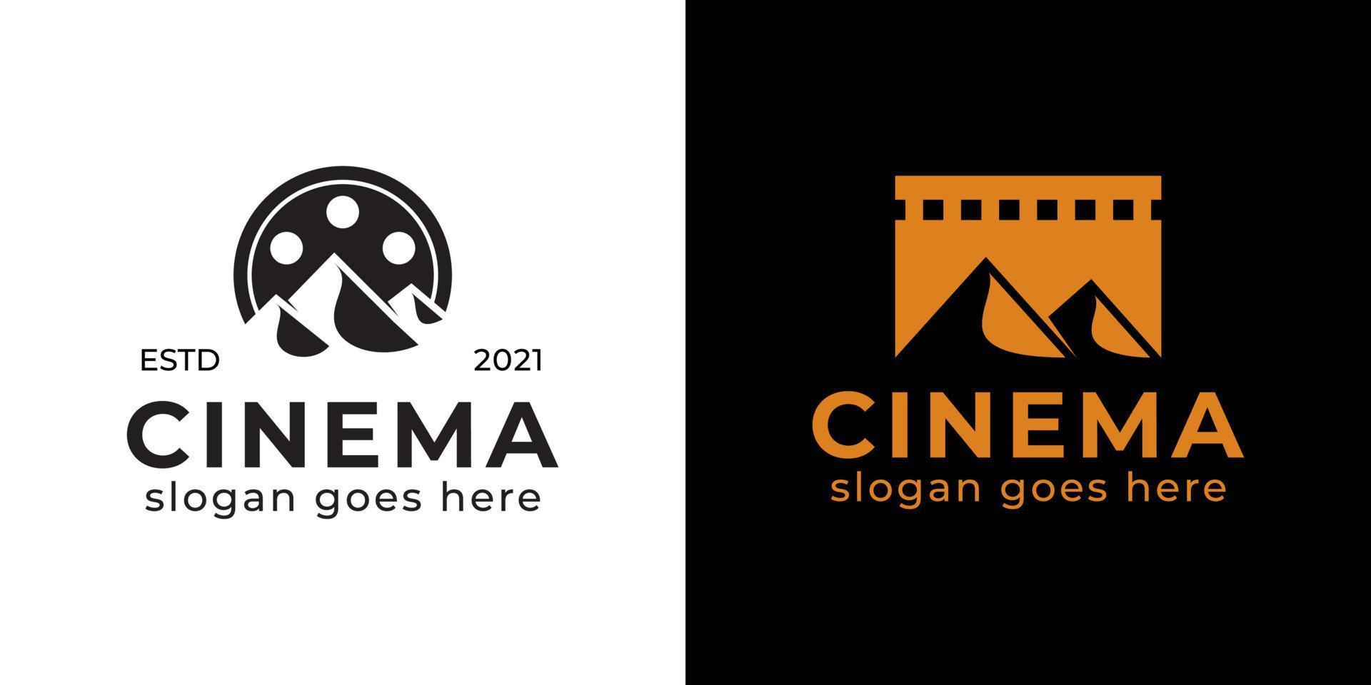 diseño de logotipo de cinematografía de cine de vídeo, vector de producción de cine con símbolo de montaña aislado