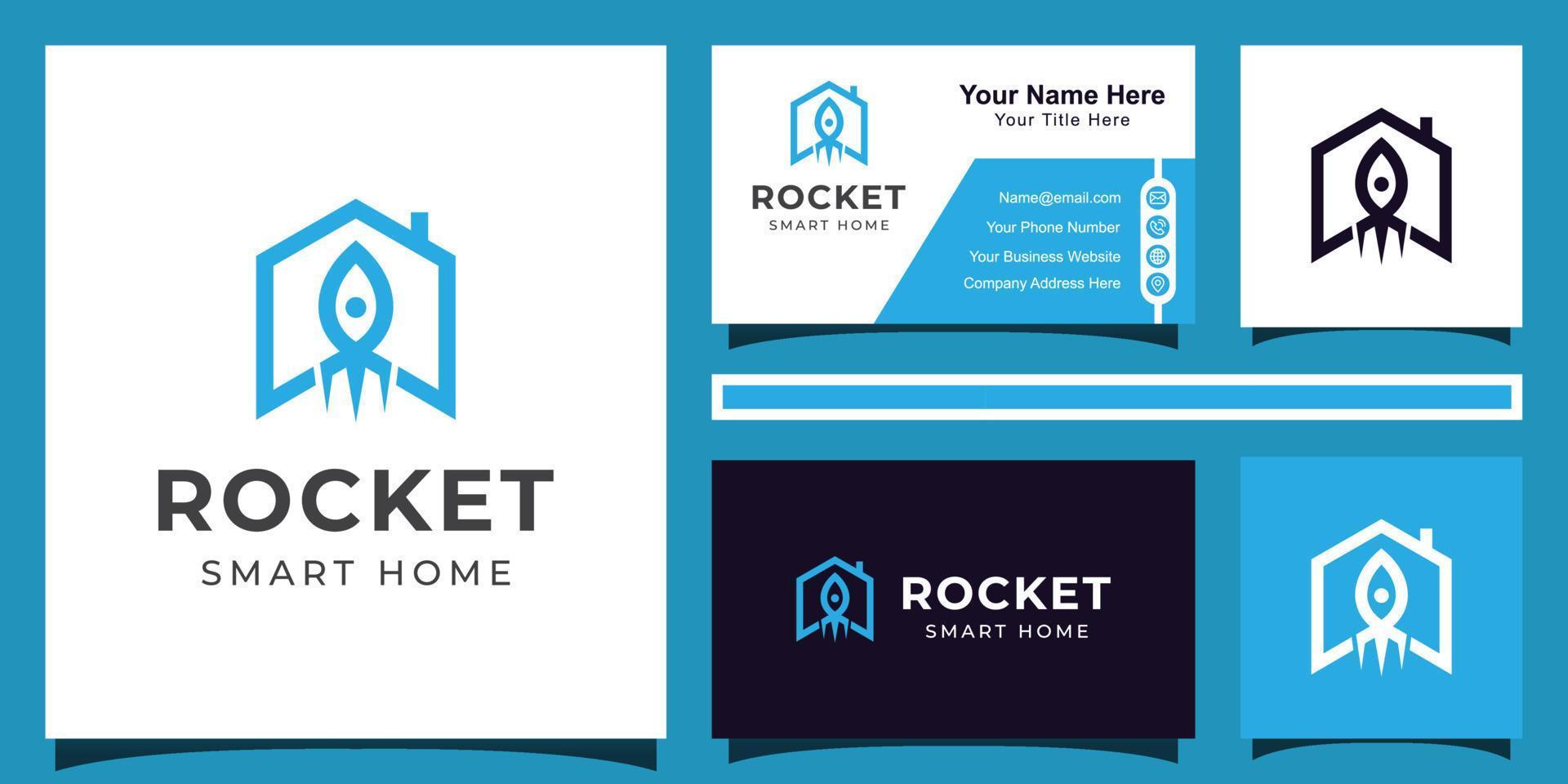 modern minimalist rocket house technology for smart home logo with line art style and business card design vector