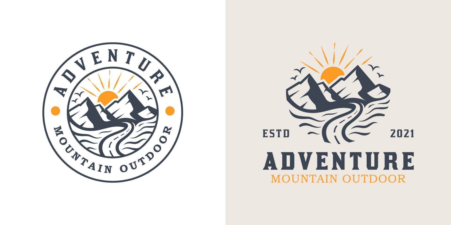 mountain landscape with rocks at sunrise, Sea and Sun for Hipster Adventure Traveling logo can be used biker cross vector