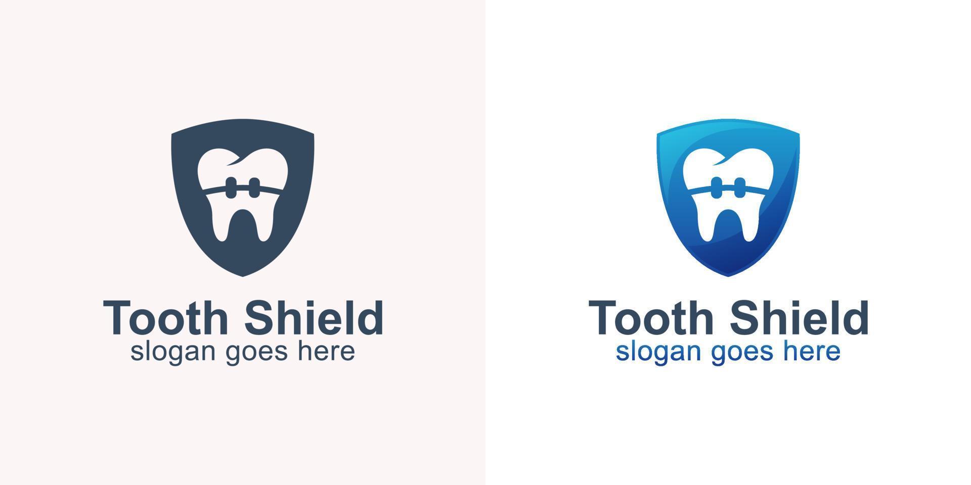 protección de dientes sanos con aparatos ortopédicos y símbolo de escudo para el cuidado dental o el diseño del logotipo de los dentistas vector