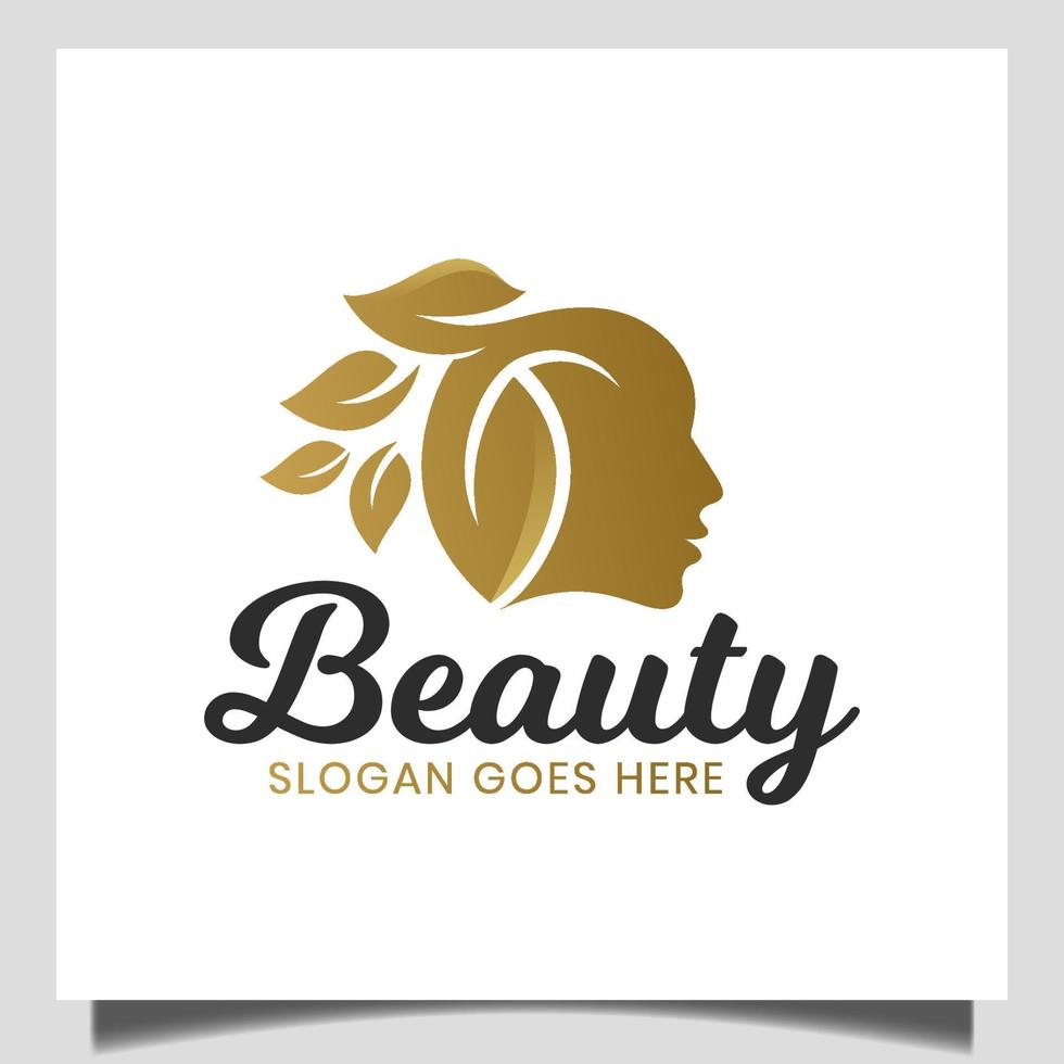 elegant beauty woman face with nature leaf for cosmetics, skin care, nature beauty product logo vector