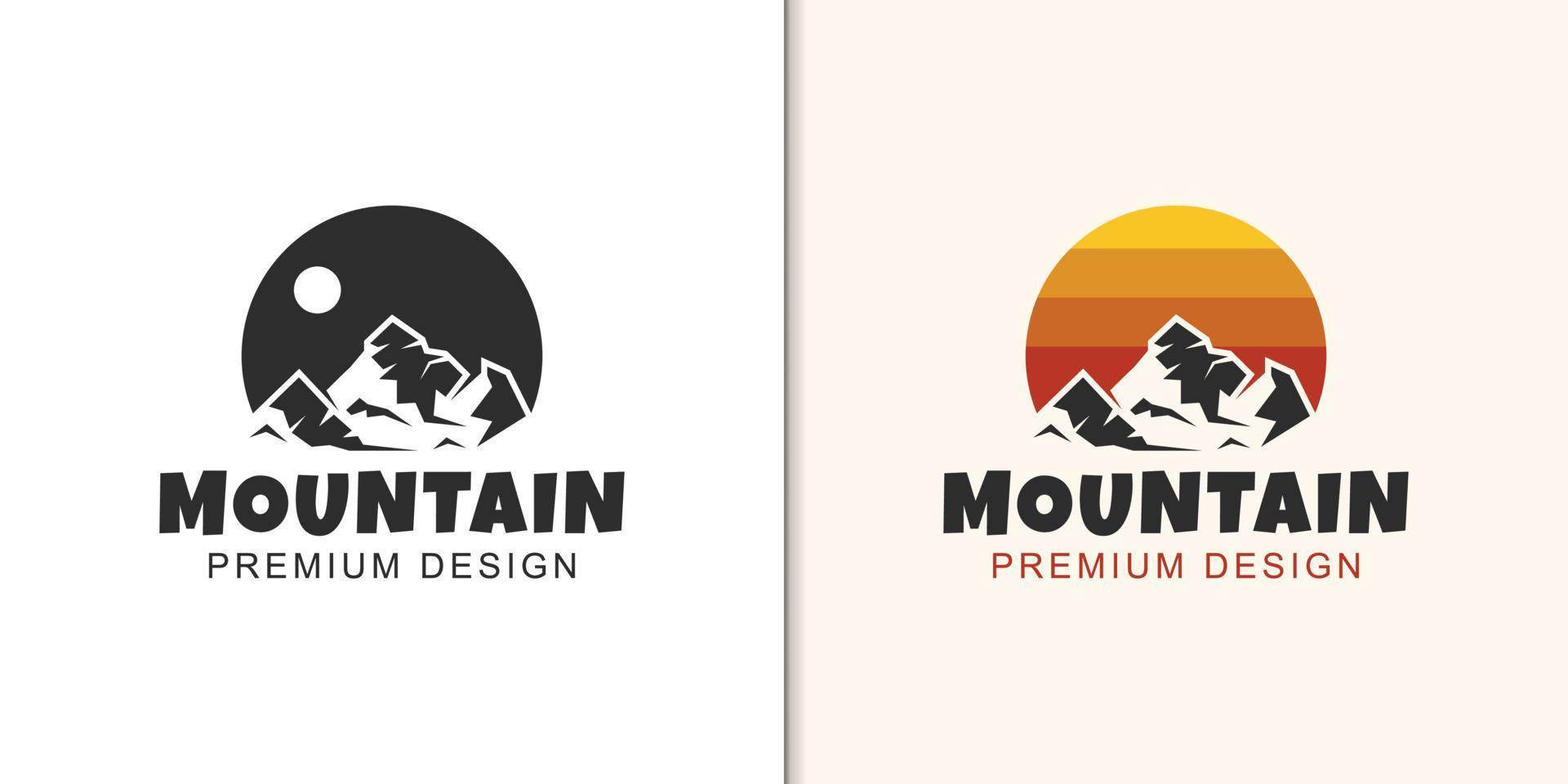 rock mountain landscape with sun logo design for isolated, adventure outdoor, travel hiking logo vector