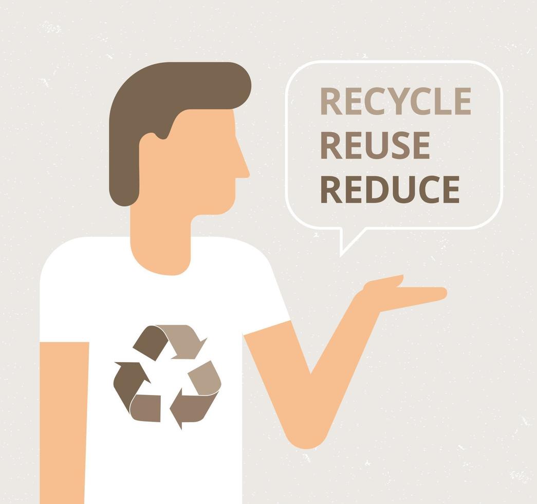 Man talking about recycling problem. Ecology banner with Recycle symbol. Waste problem creative concept. Reduce Reuse Recycle vector