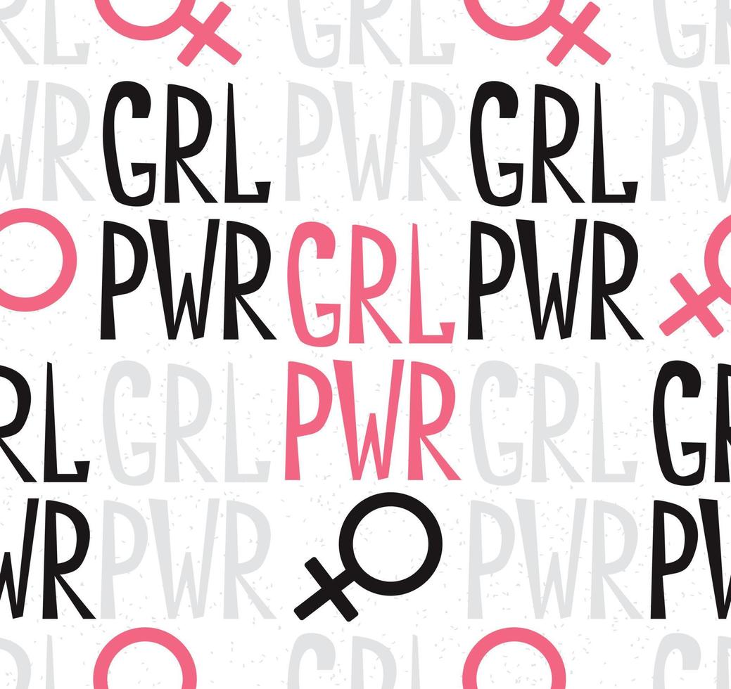 Seamless pattern with feminism symbol and handwritten quote GRL PWR. Feminist movement background. Vector fashion illustration for design, card or other print