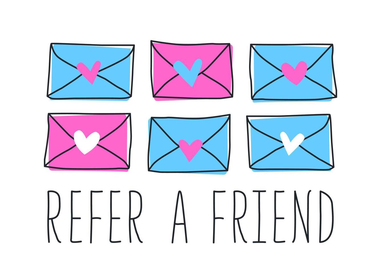 Refer a friend text with blue and pink email or message with heart. Hand drawn banner in flat style. Vector illustration for business, marketing and advertising