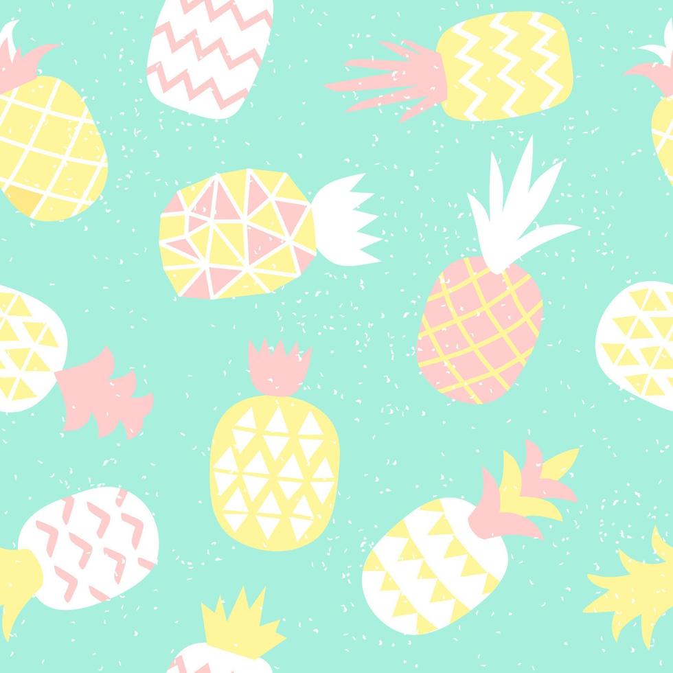 Seamless pattern of pastel pineapple with geometric ornament. Scandinavian stylish background. Vector illustration with hand drawn cute pineapple