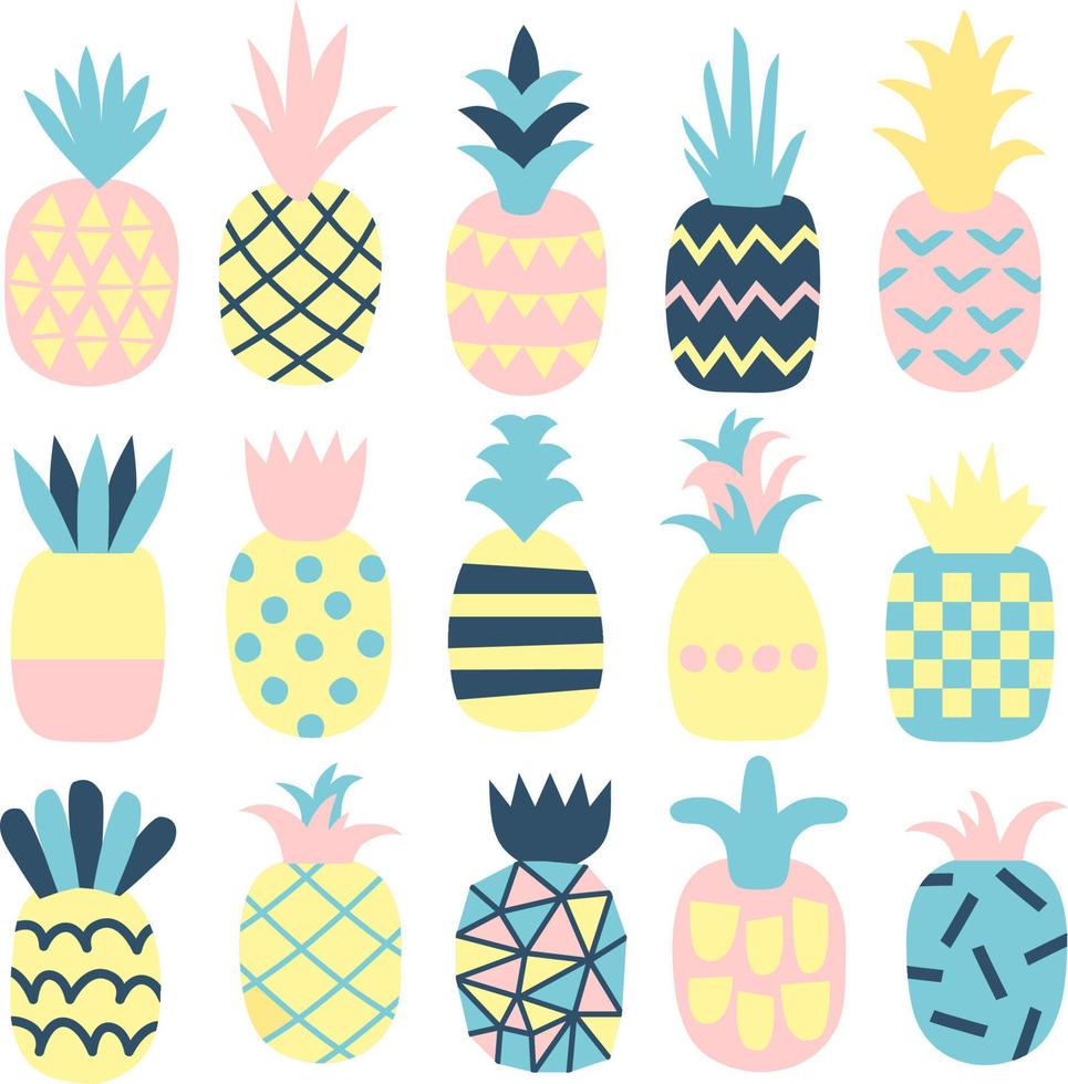 Set of cute pastel pineapples with different texture. Creative stylish printable with hand drawn geometric pineapple. Vector illustration