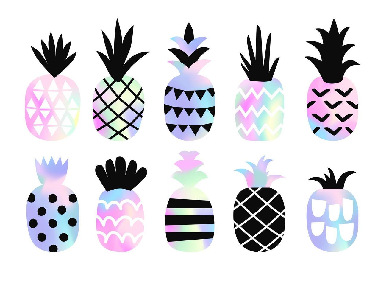 Set of cute pineapples with holographic texture. Creative stylish background, trendy gradient. Vector illustration