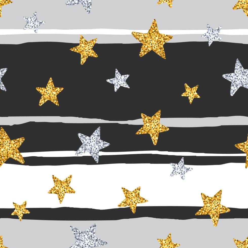 patrón impecable con estrellas brillantes doradas y plateadas sobre fondo de rayas. ilustración vectorial para impresión, álbum de recortes o papel de regalo vector