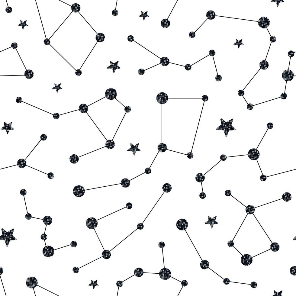 Seamless pattern with dark silver glittering constellations. Star background and zodiac constellations on white background. vector