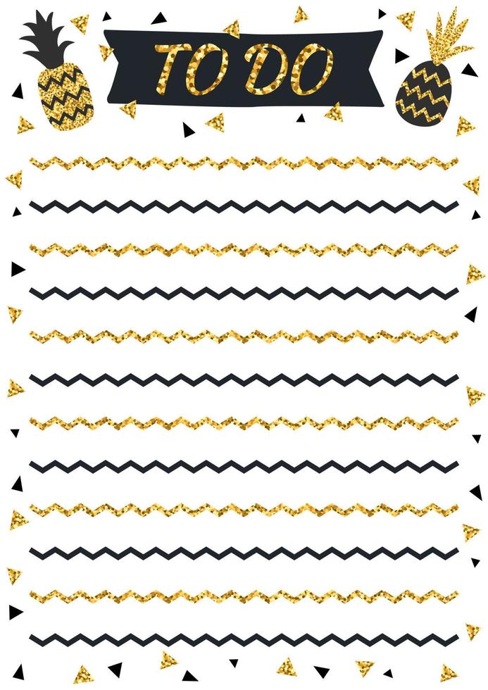 Lista creativa de tareas con piñas doradas brillantes al estilo escandinavo. elegante organizador de moda y horario, color negro y dorado. plantilla de planificador para impresión, boda, escuela. ilustración vectorial vector