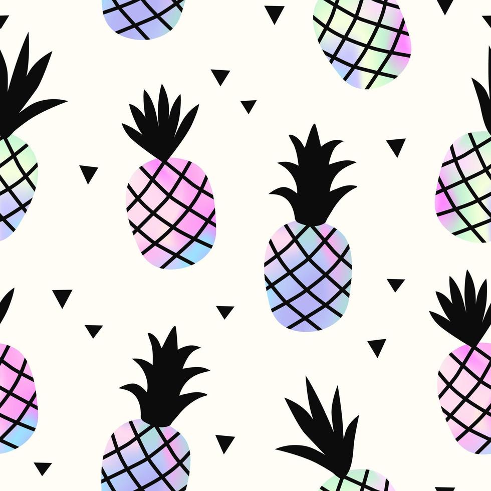 Seamless pattern of holographic pineapple with geometric ornament. Creative stylish background, trendy gradient. Vector illustration