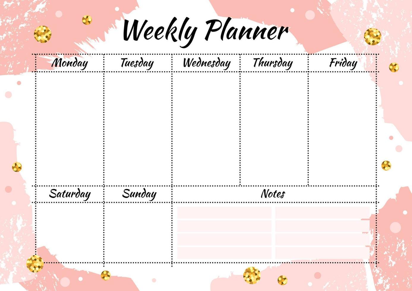 Creative weekly planner with gold glitter sparkles on pink brushstroke background. Stylish fashion organizer and schedule. Planner template for print, wedding, school. Vector illustration.