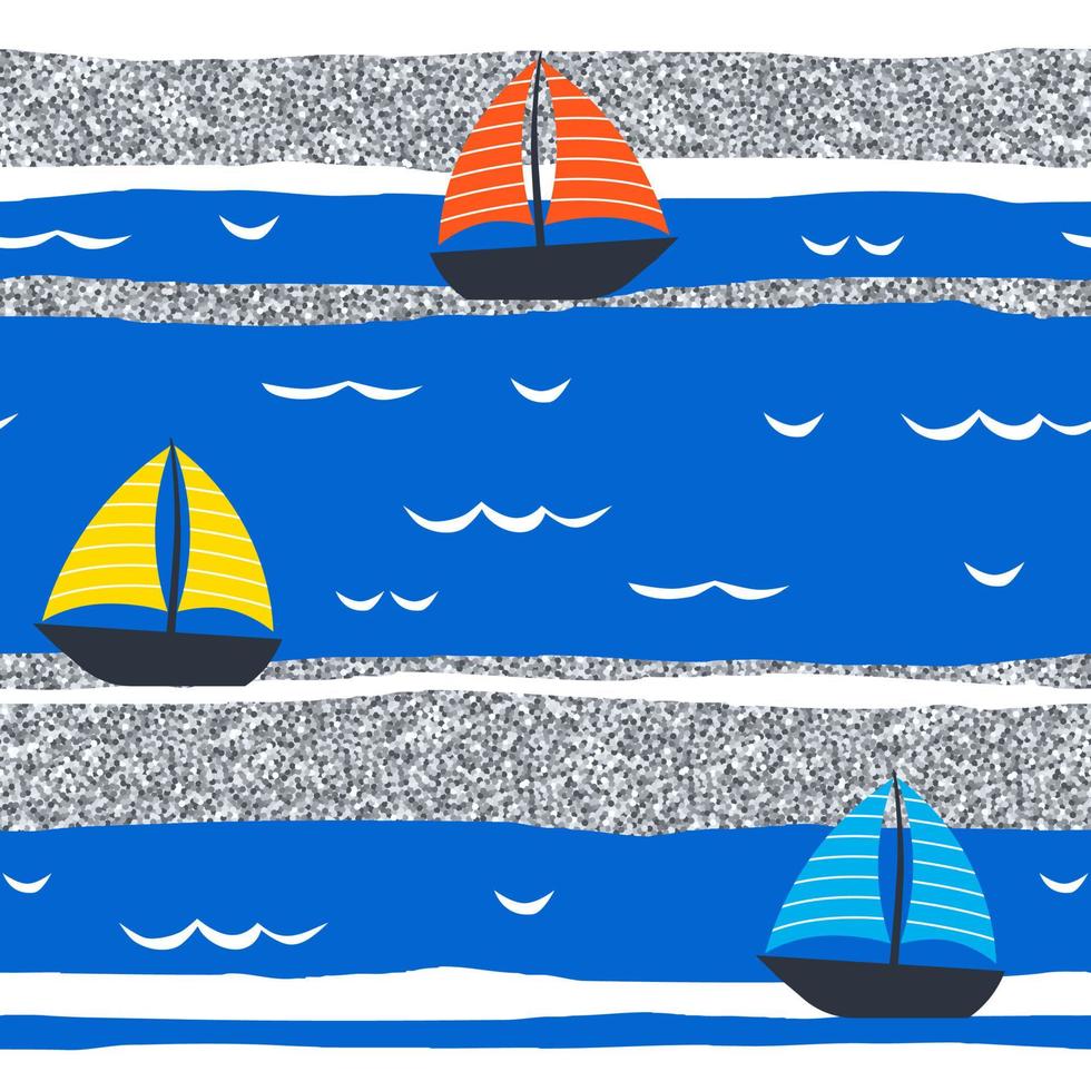 patrón marino sin fisuras con barcos de dibujos animados sobre fondo rayado. textura brillante plateada en las olas. ilustración vectorial para impresión, álbum de recortes o papel de regalo vector