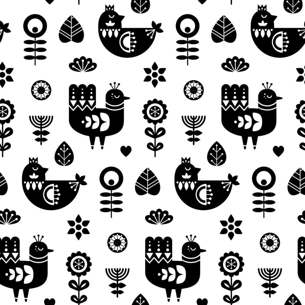 Folk art seamless pattern with birds and decorative floral elements. Black and white print template. Good for printing. Scandinavian style. Vector illustration.