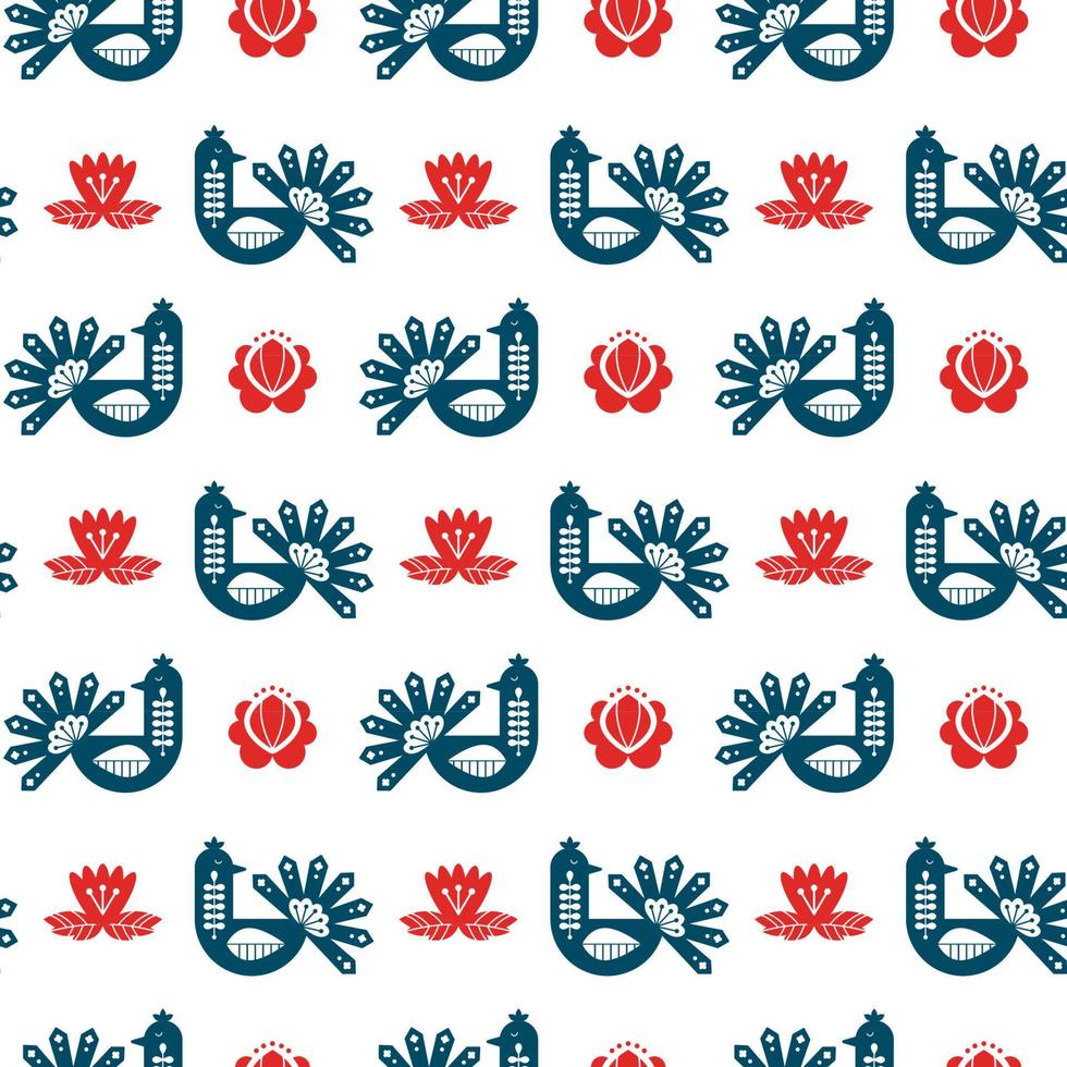 Folk art seamless pattern with peacock and floral elements. Nordic decorative ornaments. Vector print.