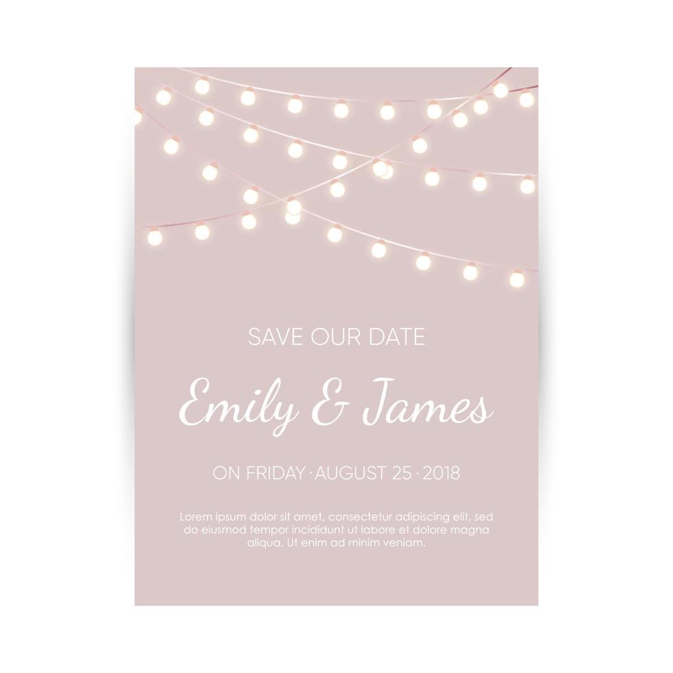 Wedding invitation card. Elegant design template with lights garland and space for text. Vector cover.